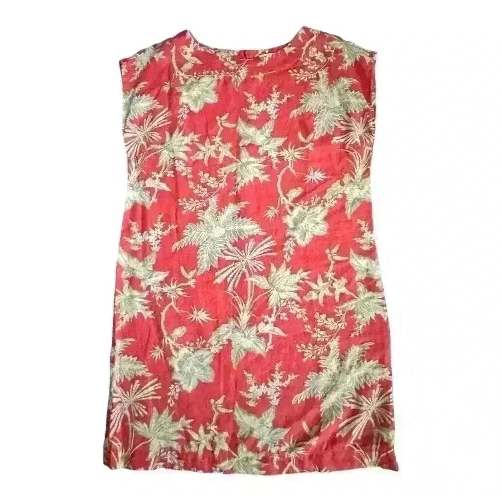J.Jill Love Linen Coral/Tan Tropical Floral Sheath Dress Cap Sleeves Sz M